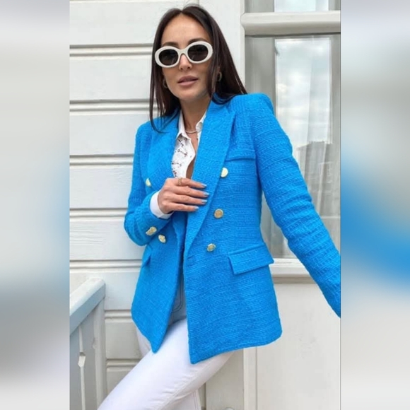 Zara tweed textured weave blazer blue Size S - Picture 5 of 11